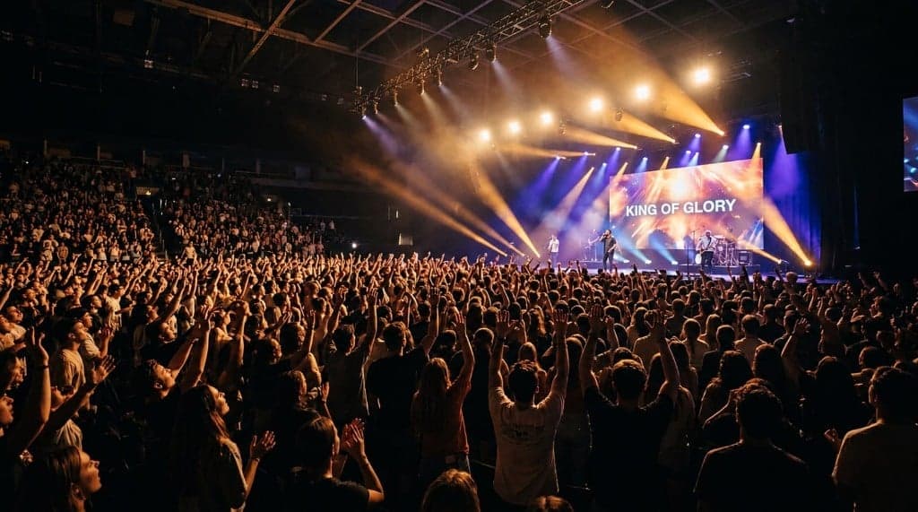 Students worshipping with hands raised